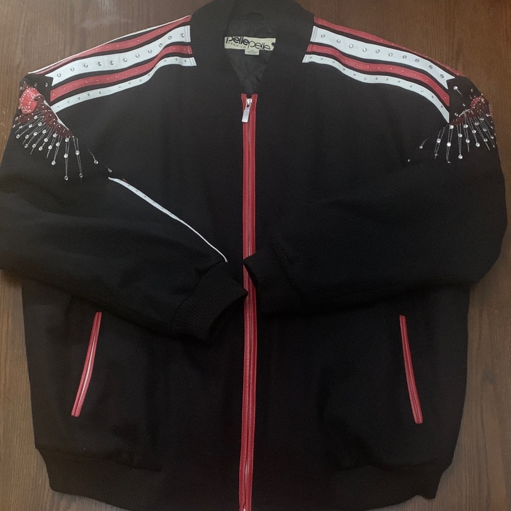 Pelle Pelle Black Bomber Jacket with Red and White Leather Details